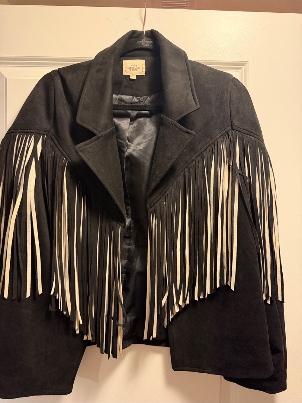 Buckle Black Suede Fringe Jacket with Cream Trim